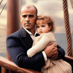 A digital art piece depicting Billy Zane from the Titanic movie saying 'I have a child', holding a child in his arms on the deck of the Titanic