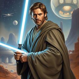 A captivating illustration of Henry Cavill as a Star Wars Jedi, portrayed in the imaginative sci-fi art style of Ralph McQuarrie