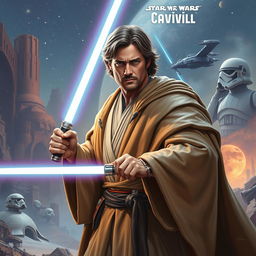 A captivating illustration of Henry Cavill as a Star Wars Jedi, portrayed in the imaginative sci-fi art style of Ralph McQuarrie