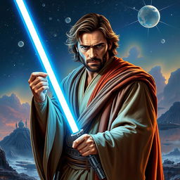 A captivating illustration of Henry Cavill as a Star Wars Jedi, portrayed in the imaginative sci-fi art style of Ralph McQuarrie