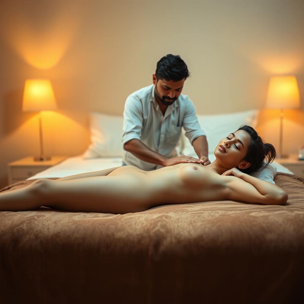 A serene and intimate scene set in a calming bedroom where a young Indian woman, 18 years old, is lying flat on a plush bed, her body completely nude and relaxed