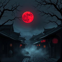 An eerie ancient Chinese village, shrouded in darkness and mystery, illuminated only by a striking red moon hanging low in the sky