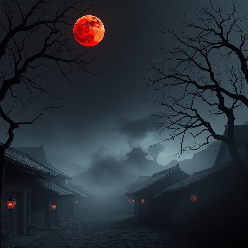 An eerie ancient Chinese village, shrouded in darkness and mystery, illuminated only by a striking red moon hanging low in the sky