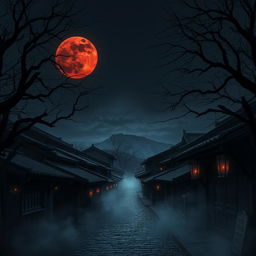 An eerie ancient Chinese village, shrouded in darkness and mystery, illuminated only by a striking red moon hanging low in the sky