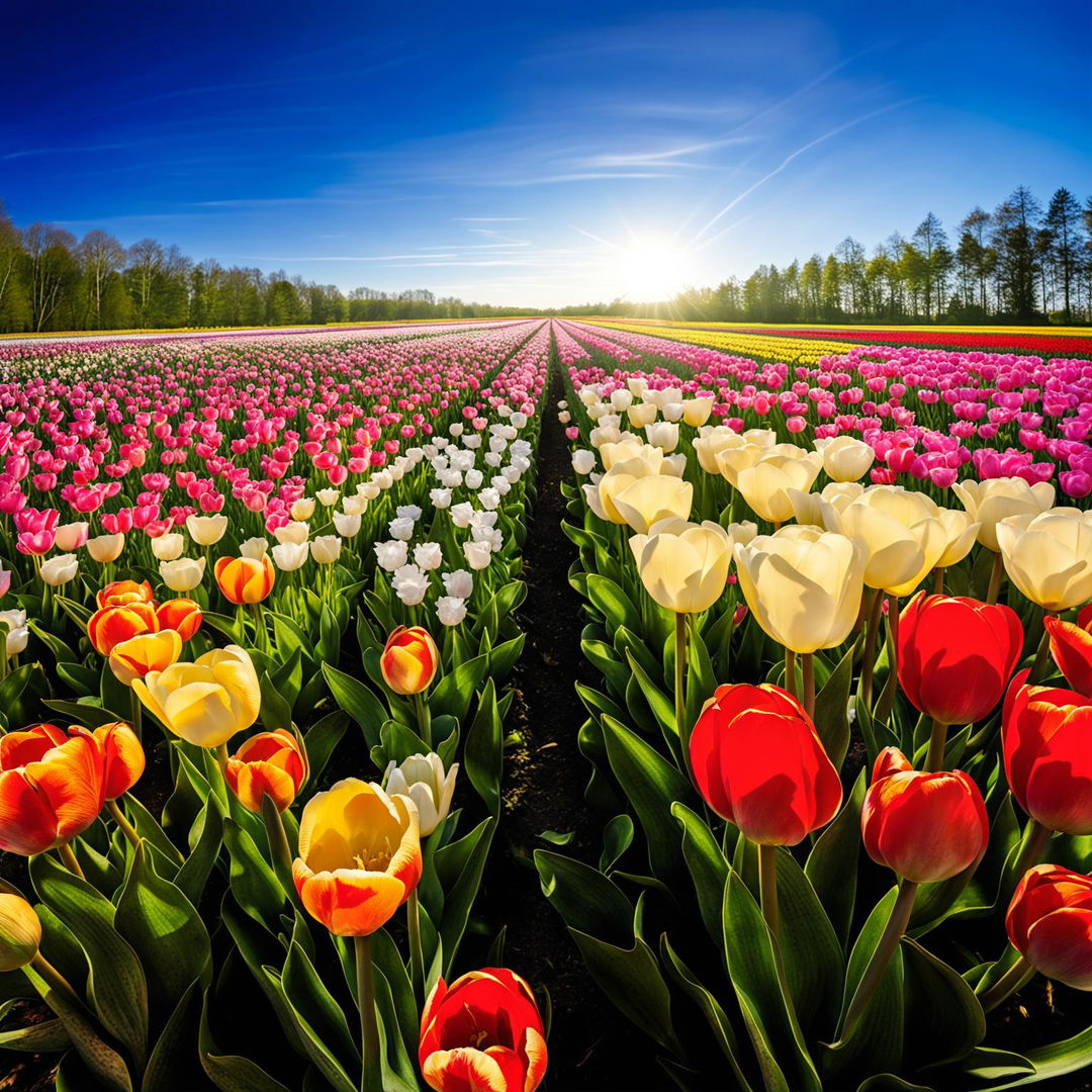 A high-resolution photograph of vast tulip fields in full bloom, with a myriad of vibrant colors creating a breathtaking mosaic