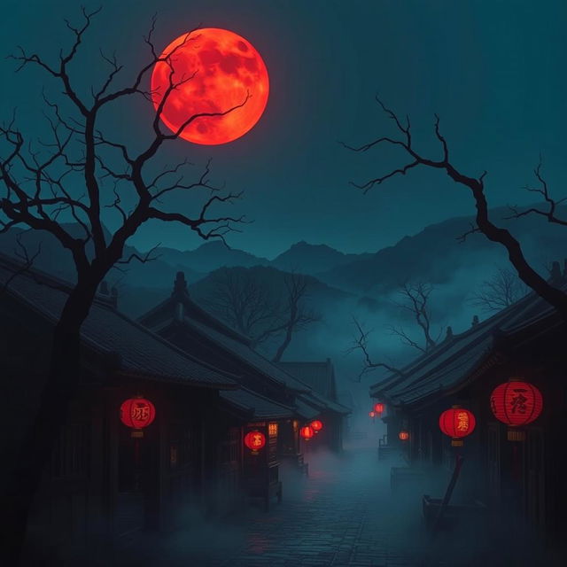 An eerie ancient Chinese village, shrouded in darkness and mystery, illuminated only by a striking red moon hanging low in the sky