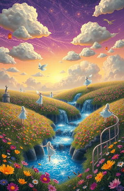A surreal representation of the concept of dreams, depicting a fantastical landscape where whimsical clouds float above a vibrant meadow filled with colorful flowers
