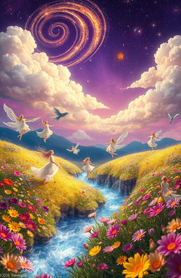 A surreal representation of the concept of dreams, depicting a fantastical landscape where whimsical clouds float above a vibrant meadow filled with colorful flowers