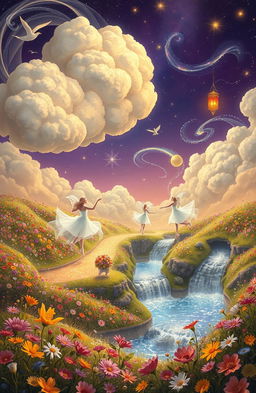 A surreal representation of the concept of dreams, depicting a fantastical landscape where whimsical clouds float above a vibrant meadow filled with colorful flowers