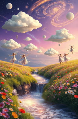 A surreal representation of the concept of dreams, depicting a fantastical landscape where whimsical clouds float above a vibrant meadow filled with colorful flowers