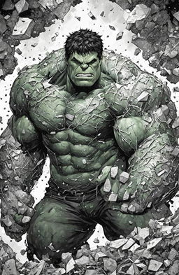 A detailed, highest quality, black and white ink drawing suitable for coloring, featuring Marvel's Hulk in Kerby Rosanes' intricate style