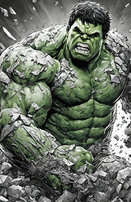 A detailed, highest quality, black and white ink drawing suitable for coloring, featuring Marvel's Hulk in Kerby Rosanes' intricate style