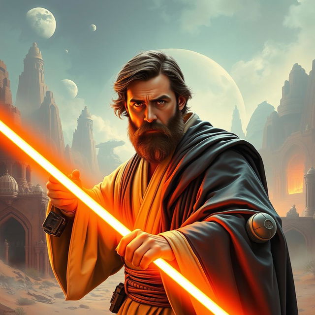 An impressive illustration of Henry Cavill with a beard, styled as a Star Wars Jedi, wielding an orange lightsaber