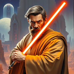 An impressive illustration of Henry Cavill with a beard, styled as a Star Wars Jedi, wielding an orange lightsaber