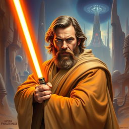 An impressive illustration of Henry Cavill with a beard, styled as a Star Wars Jedi, wielding an orange lightsaber