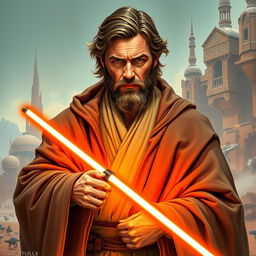 An impressive illustration of Henry Cavill with a beard, styled as a Star Wars Jedi, wielding an orange lightsaber