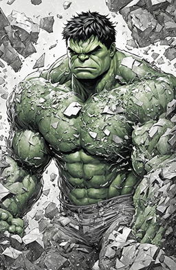 A detailed, highest quality, black and white ink drawing suitable for coloring, featuring Marvel's Hulk in Kerby Rosanes' intricate style