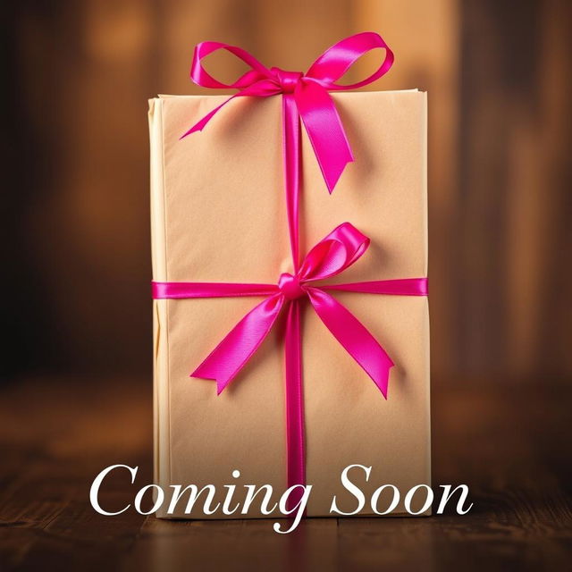 A book cover reveal featuring a beautifully wrapped book in brown craft paper, tied neatly with a vibrant, glossy bow