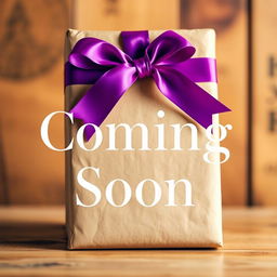 A book cover reveal featuring a beautifully wrapped book in brown craft paper, tied neatly with a vibrant, glossy bow