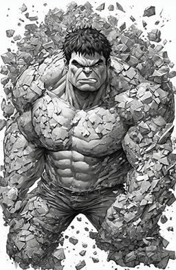 A detailed, highest quality, black and white ink drawing suitable for coloring, featuring Marvel's Hulk in Kerby Rosanes' intricate style