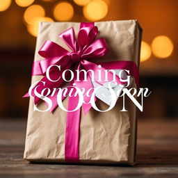 A book cover reveal featuring a beautifully wrapped book in brown craft paper, tied neatly with a vibrant, glossy bow