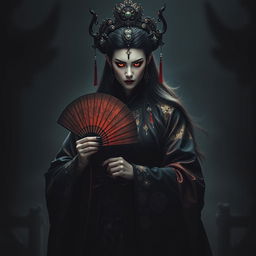 An evil Chinese queen shrouded in darkness, exuding an aura of malevolence and power