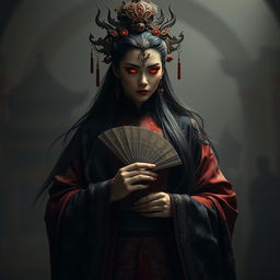 An evil Chinese queen shrouded in darkness, exuding an aura of malevolence and power