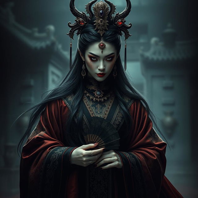 An evil Chinese queen shrouded in darkness, exuding an aura of malevolence and power