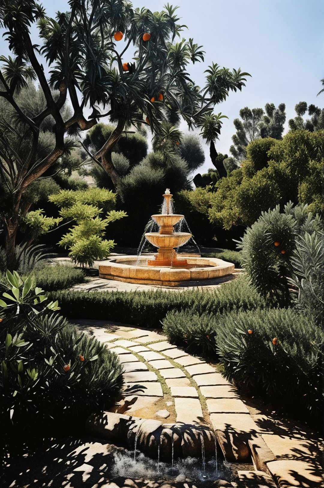 A high-quality digital photograph of a lush Mediterranean botanical garden featuring a serene water fountain and a vibrant orange tree