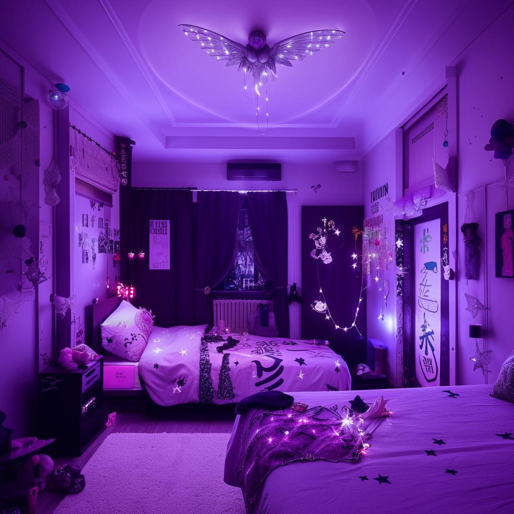 A modern room reflecting tomboy and girly aesthetics, color palette with shades of purple, black, white, and grey. Room is adorned with fairy, moon, star lights, and elements related to anime, kdrama, and Sanatan Dharma.