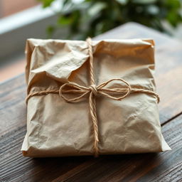 A book cover reveal hidden under a textured brown paper wrap, tied neatly with rustic twine