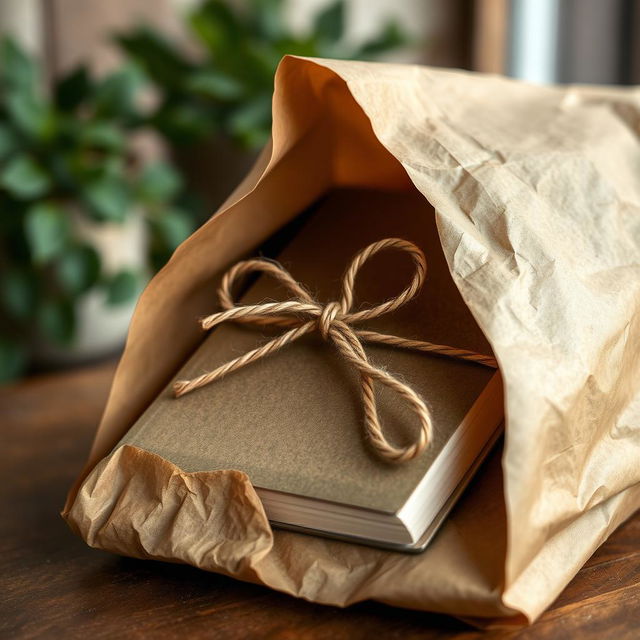 A book cover reveal hidden under a textured brown paper wrap, tied neatly with rustic twine