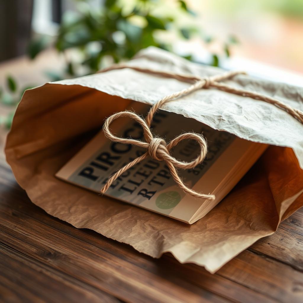 A book cover reveal hidden under a textured brown paper wrap, tied neatly with rustic twine