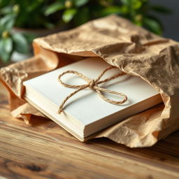 A book cover reveal hidden under a textured brown paper wrap, tied neatly with rustic twine