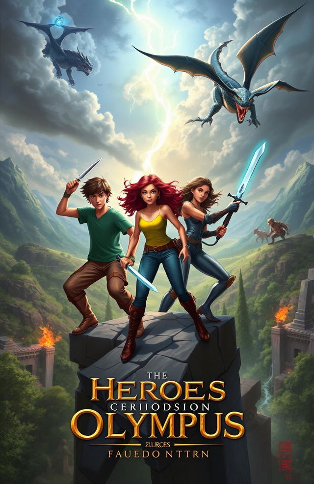 A dynamic and adventurous scene from the Heroes of Olympus series, featuring iconic demigods in an action-packed moment