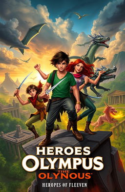 A dynamic and adventurous scene from the Heroes of Olympus series, featuring iconic demigods in an action-packed moment