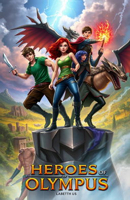 A dynamic and adventurous scene from the Heroes of Olympus series, featuring iconic demigods in an action-packed moment