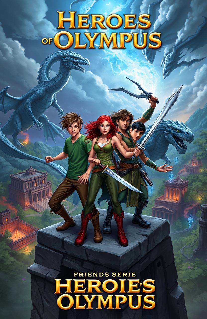 A dynamic and adventurous scene from the Heroes of Olympus series, featuring iconic demigods in an action-packed moment