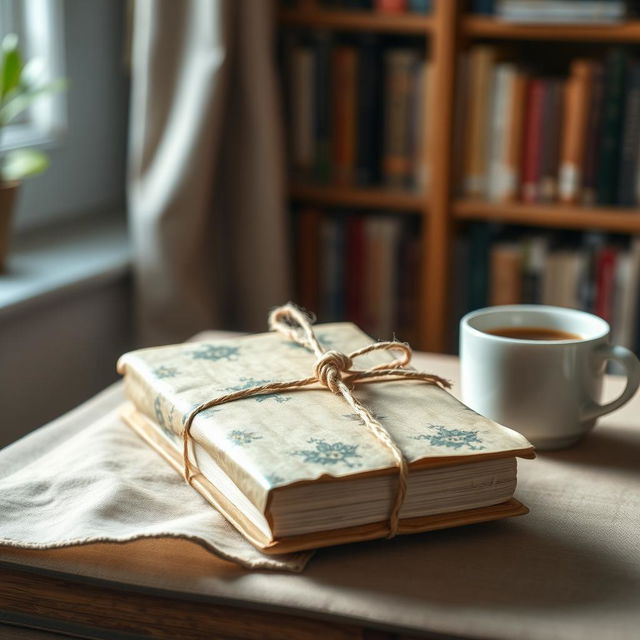 A beautifully wrapped book cover reveal, featuring a book wrapped in rustic brown paper, elegantly tied with a natural twine