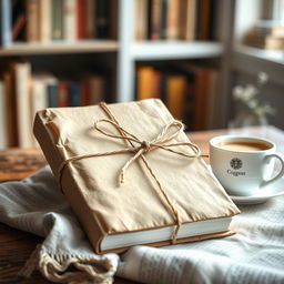 A beautifully wrapped book cover reveal, featuring a book wrapped in rustic brown paper, elegantly tied with a natural twine