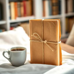 A beautifully wrapped book cover reveal, featuring a book wrapped in rustic brown paper, elegantly tied with a natural twine
