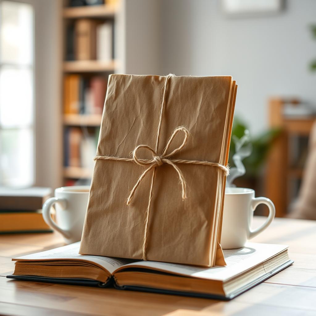 A beautifully wrapped book cover reveal, featuring a book wrapped in rustic brown paper, elegantly tied with a natural twine