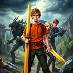An exhilarating scene inspired by the Heroes of Olympus series, showcasing beloved demigod characters like Percy Jackson, Annabeth Chase, and Leo Valdez
