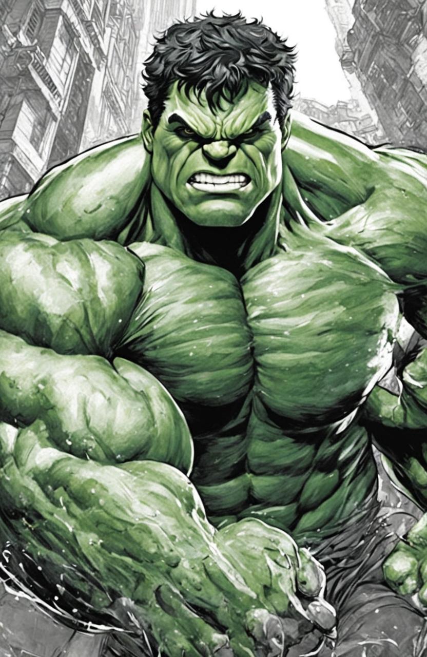 This is a detailed, high-quality coloring page featuring Marvel's Hulk, drawn in the style of Alan Robert