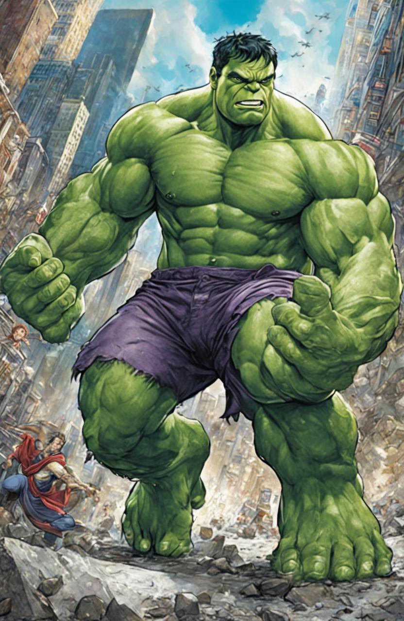 This is a detailed, high-quality coloring page featuring Marvel's Hulk, drawn in the style of Alan Robert