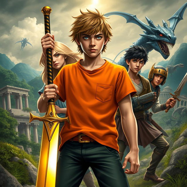 An exhilarating scene inspired by the Heroes of Olympus series, showcasing beloved demigod characters like Percy Jackson, Annabeth Chase, and Leo Valdez