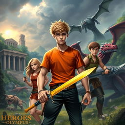 An exhilarating scene inspired by the Heroes of Olympus series, showcasing beloved demigod characters like Percy Jackson, Annabeth Chase, and Leo Valdez