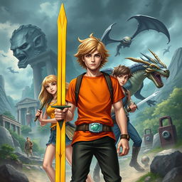 An exhilarating scene inspired by the Heroes of Olympus series, showcasing beloved demigod characters like Percy Jackson, Annabeth Chase, and Leo Valdez