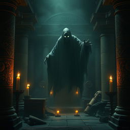 An evil ghost haunting a sacred temple, cloaked in darkness with an air of malevolence