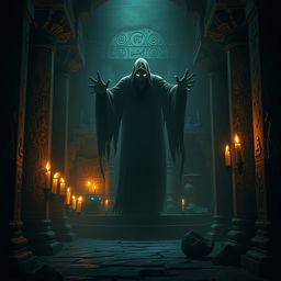 An evil ghost haunting a sacred temple, cloaked in darkness with an air of malevolence